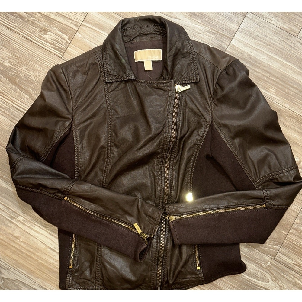 Michael Kors 100% Lamb Leather Coat Womens Size 8 Brown Gold Zipper